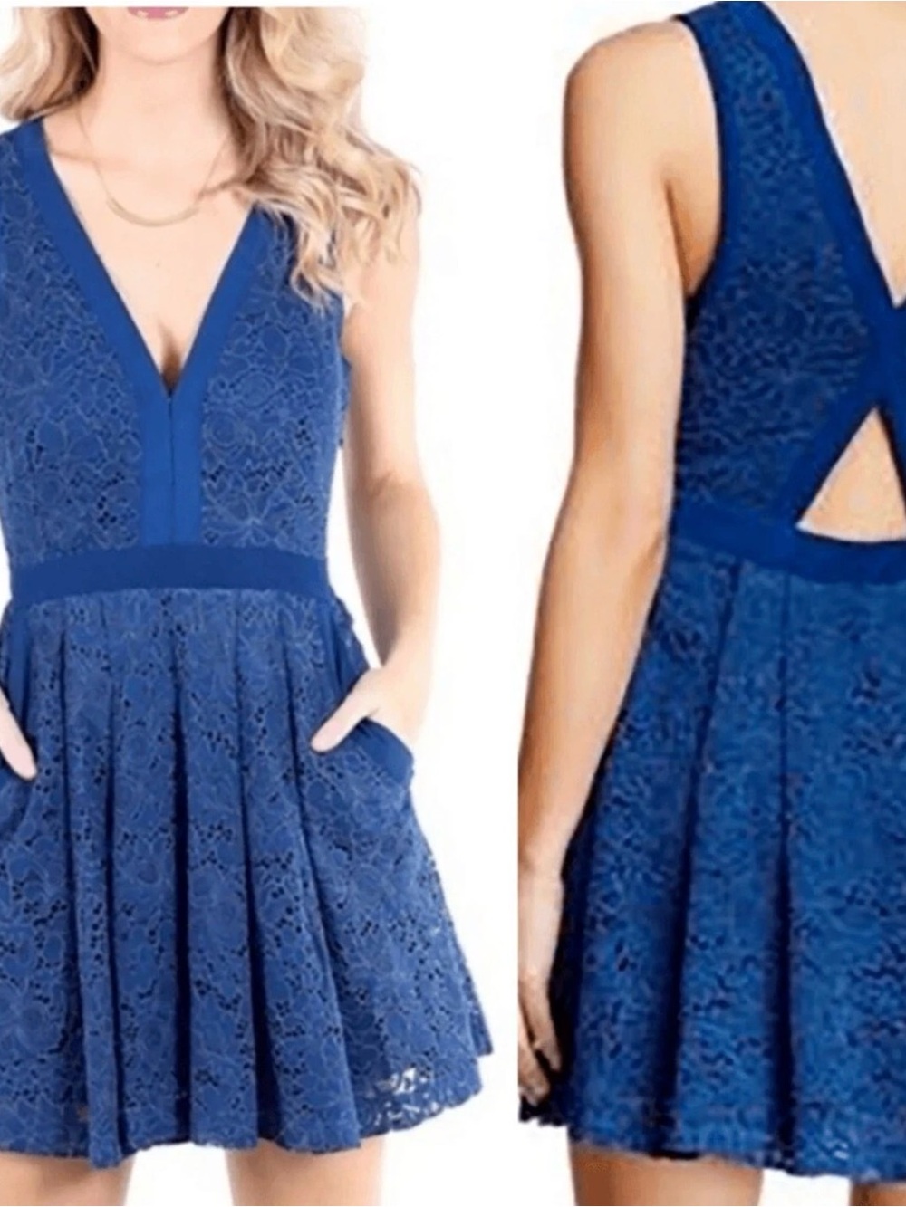 Free People Navy Lace V-Neck Fit-and-Flare Dress